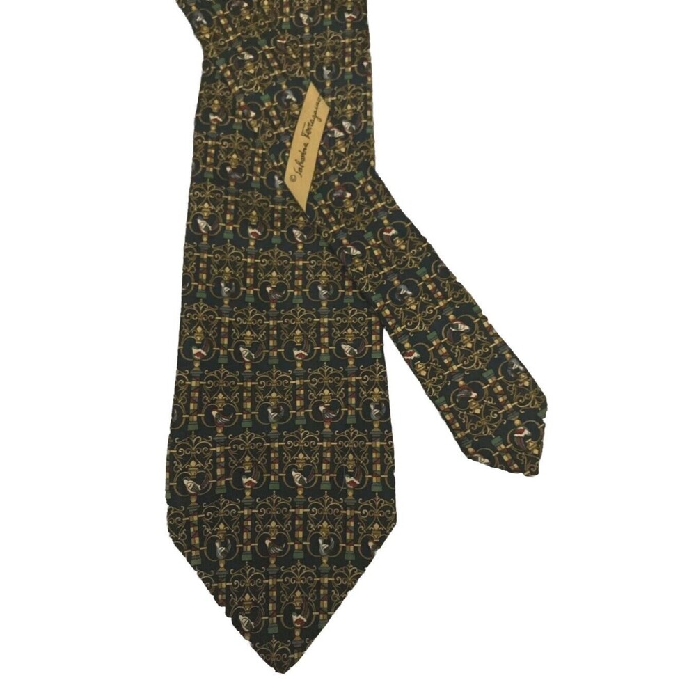 Salvatore Ferragamo Necktie Red Green Gold Ornate Bird Design on Navy Blue Rare